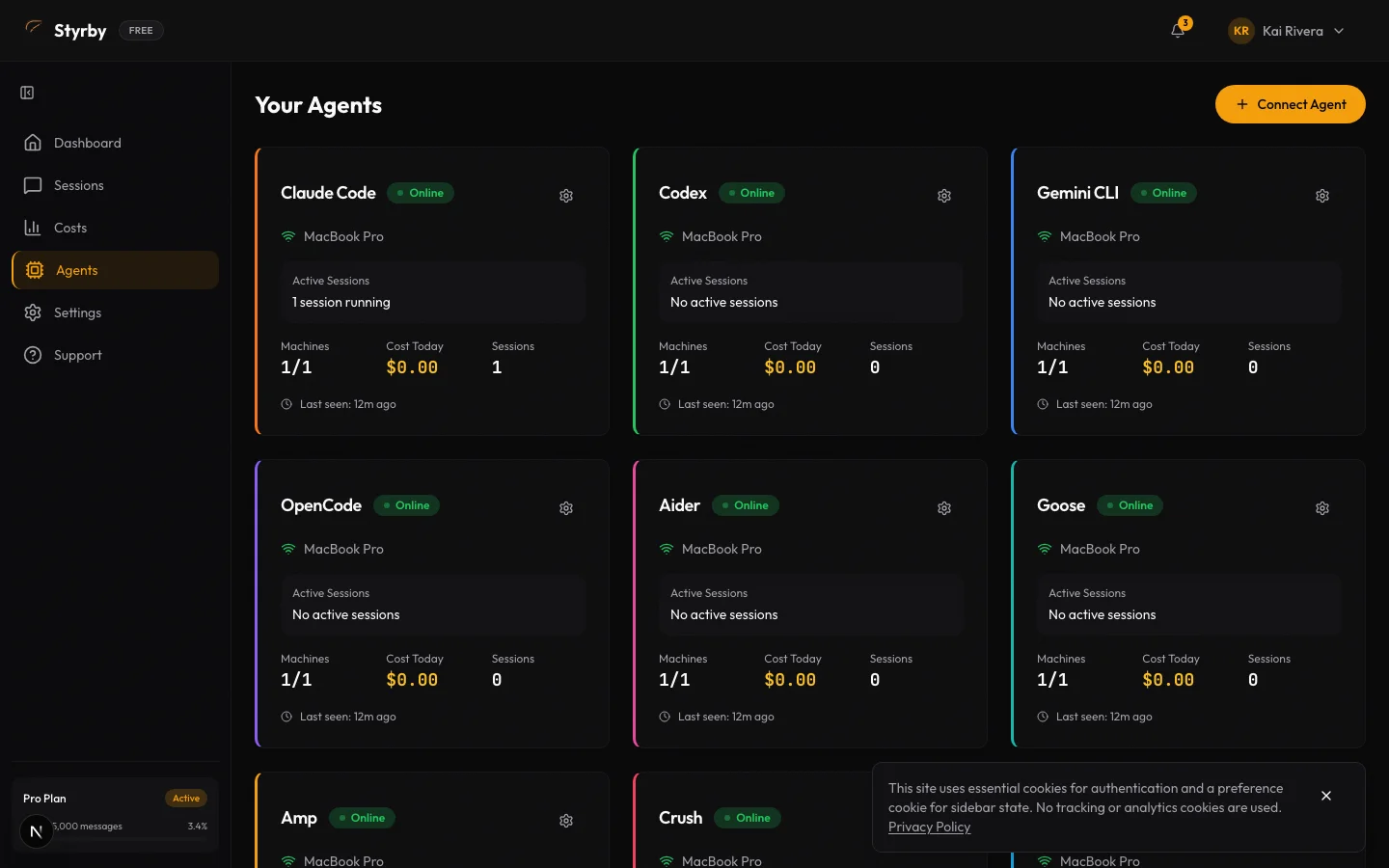 Agent dashboard showing all supported AI coding agents with status and daily costs