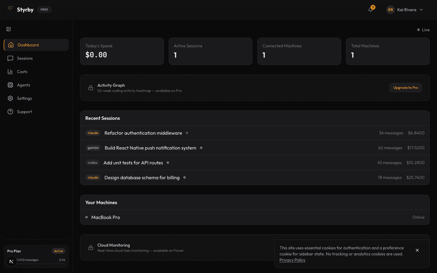 Styrby dashboard showing real-time agent costs and session monitoring