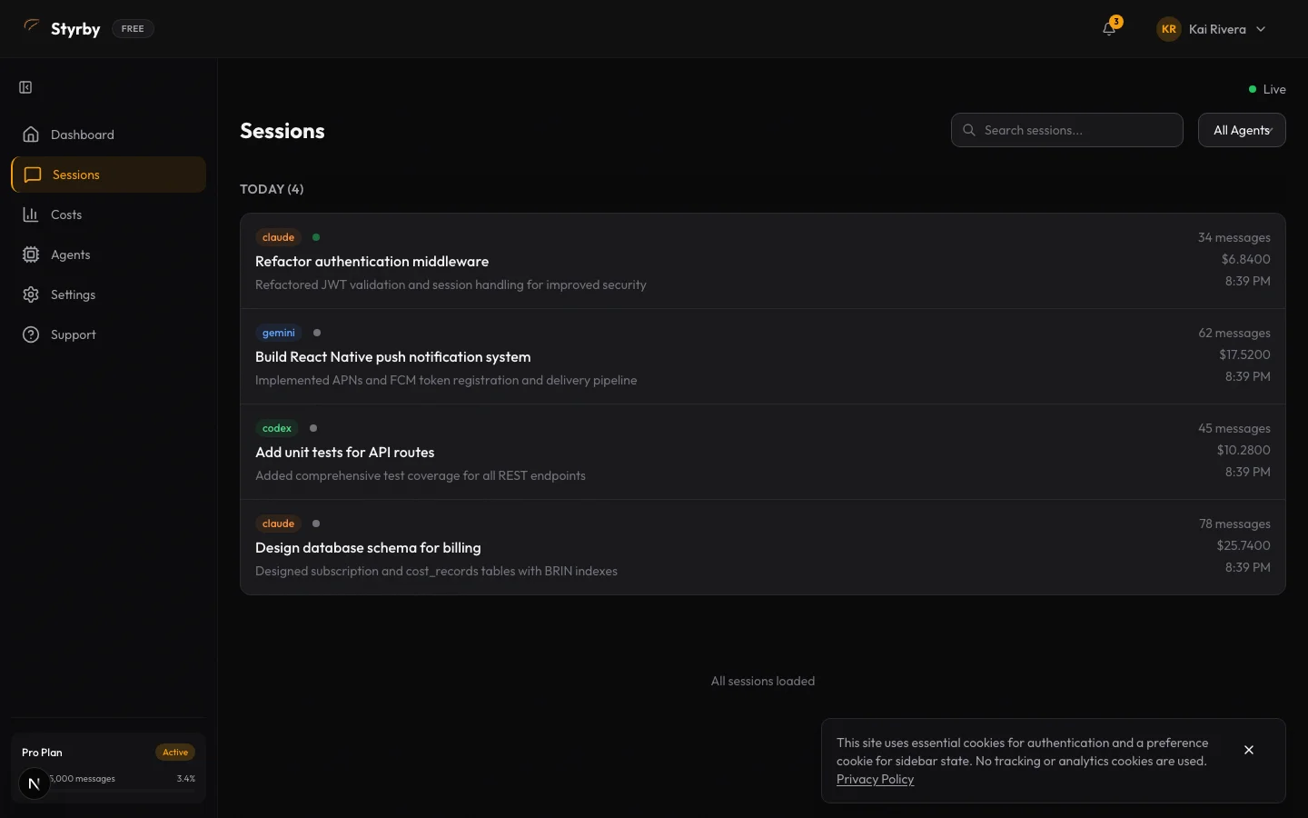 Session list showing active and completed sessions across multiple agents